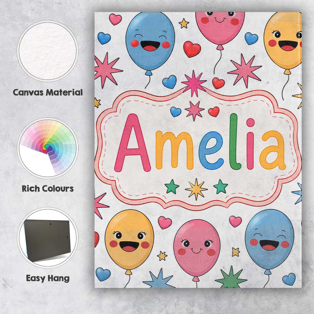 Personalised Name Cute Colorful Balloons Custom Unique Gift Idea Elegant Feature Canvas Wall Art Print Decor Picture Ready to Hang