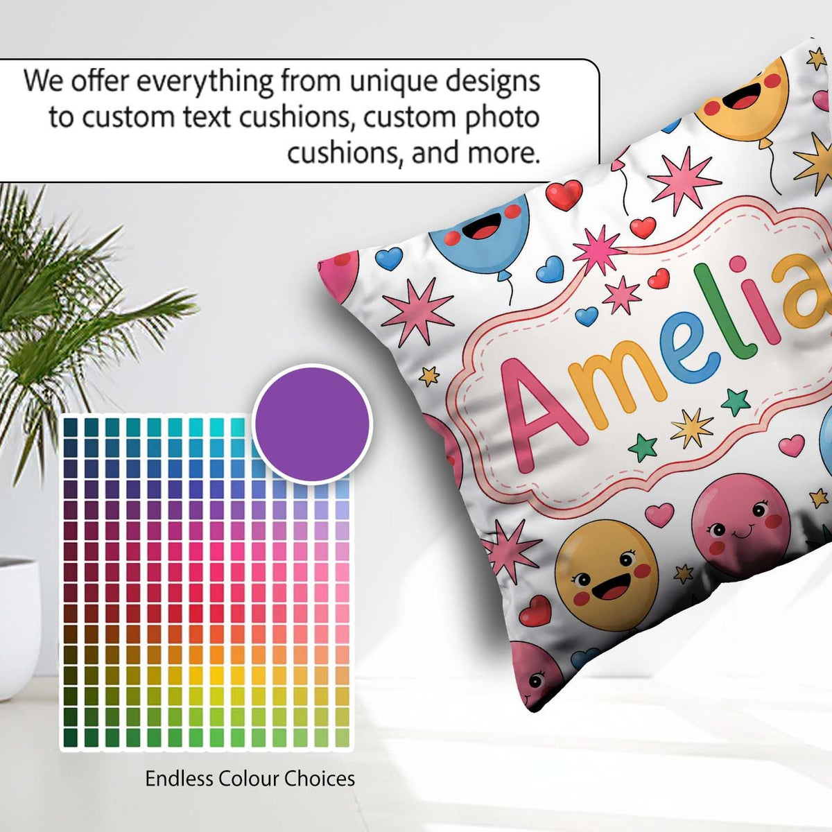 Custom Name Colorful Balloons Hearts and Party Seamless Pattern Square Filled Cushion Throw Pillow Sofa Bed Home Decor Zip Washable UK Made