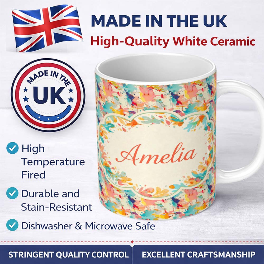 Personalized Custom Name Bold Colour Splash Navy Background Abstract Pattern Cute Unique Gift 11oz Ceramic Coffee Tea Mug White Large Handle