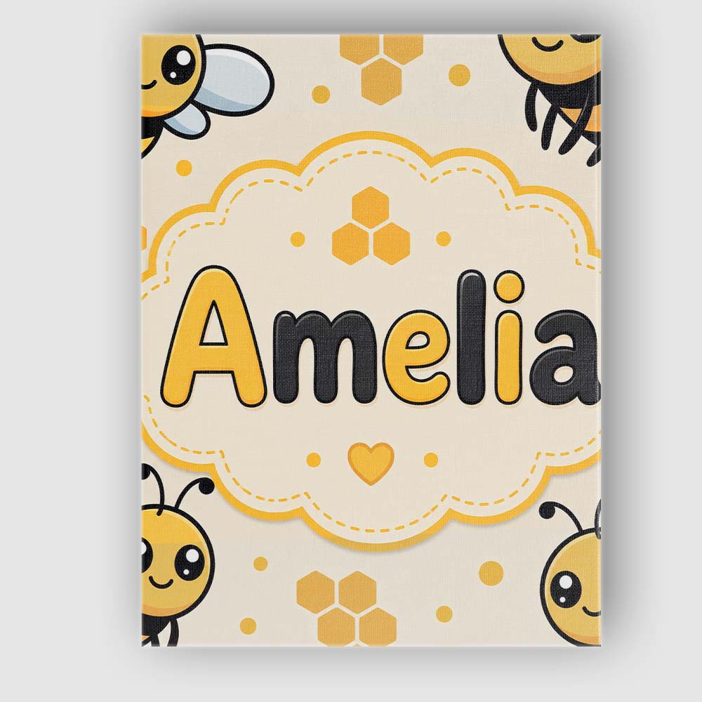 Personalised Name Cute Kawaii Bees Honeycomb Custom Bespoke Contemporary Display Canvas Wall Art Print Decor Picture Ready to Hang