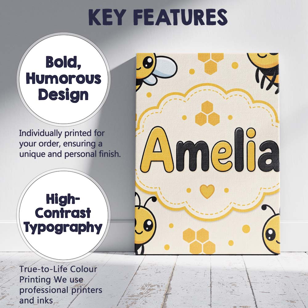Personalised Name Cute Kawaii Bees Honeycomb Custom Bespoke Contemporary Display Canvas Wall Art Print Decor Picture Ready to Hang