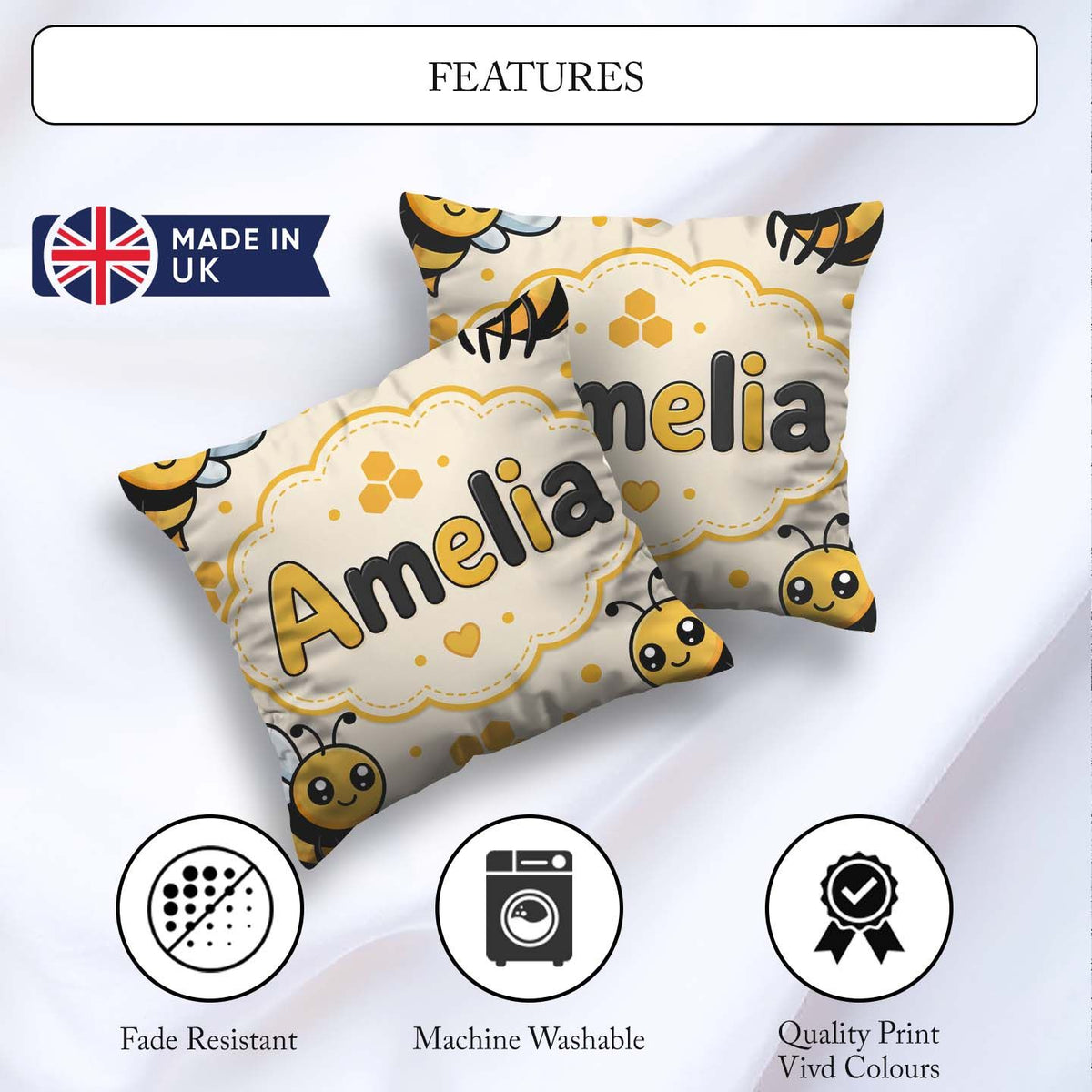 Custom Name Kawaii Bees Honeycomb Sweet Nature Seamless Pattern Square Filled Cushion Throw Pillow Sofa Bed Home Decor Zip Washable UK Made