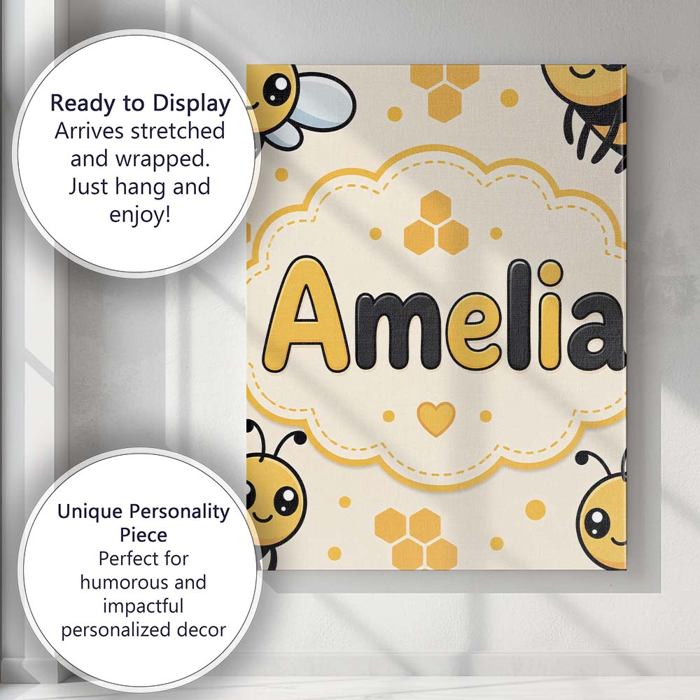 Personalised Name Cute Kawaii Bees Honeycomb Custom Bespoke Contemporary Display Canvas Wall Art Print Decor Picture Ready to Hang