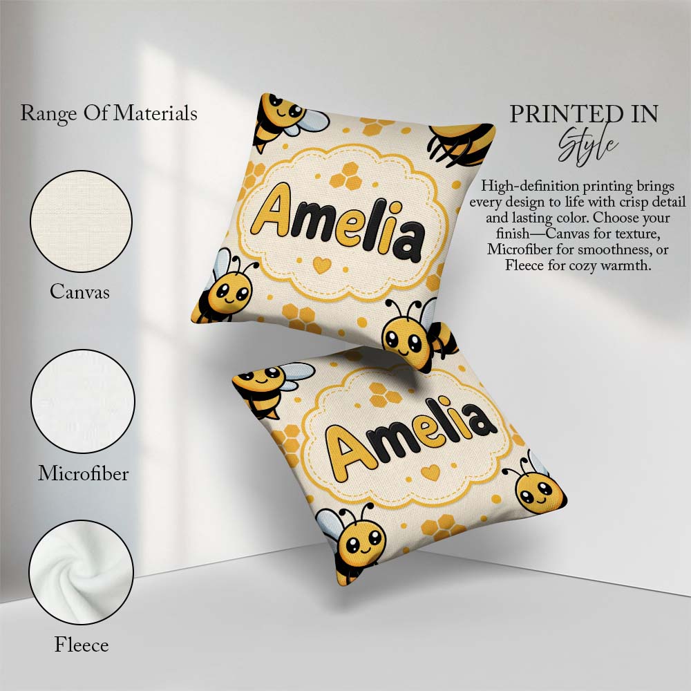 Custom Name Kawaii Bees Honeycomb Sweet Nature Seamless Pattern Square Filled Cushion Throw Pillow Sofa Bed Home Decor Zip Washable UK Made