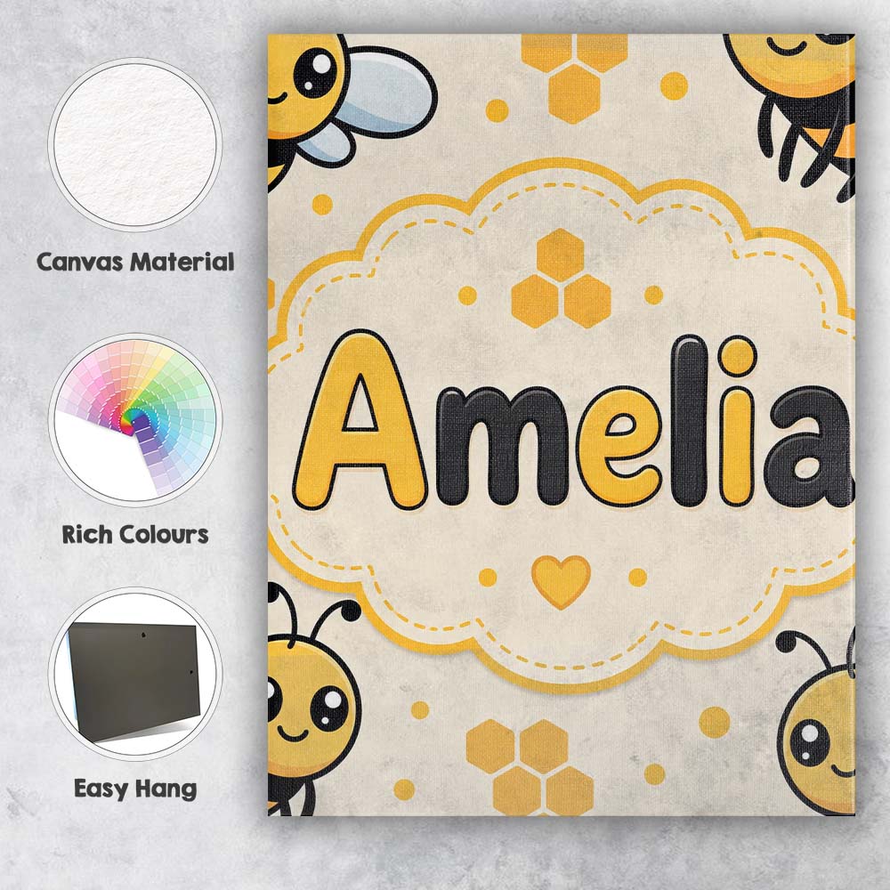 Personalised Name Cute Kawaii Bees Honeycomb Custom Bespoke Contemporary Display Canvas Wall Art Print Decor Picture Ready to Hang
