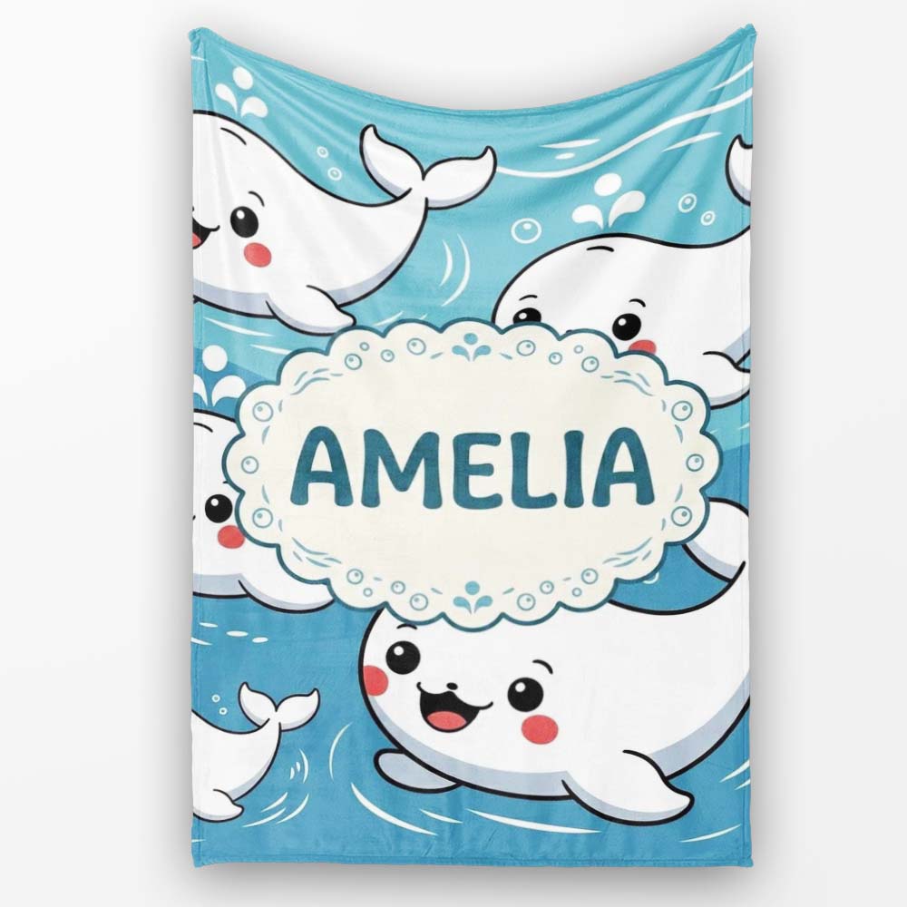 Cute Baby Whales Ocean Waves Bubbles Marine Seamless Pattern Lovely Personalised Custom Name Super Soft Fleece Blanket Bed Sofa Throw