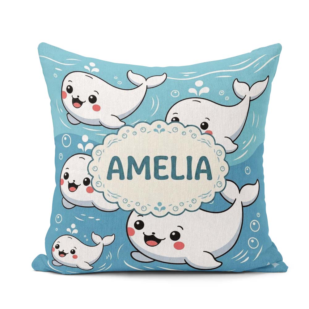 Custom Name Cute Baby Whales Ocean Waves Bubbles Marine Seamless Square Filled Cushion Throw Pillow Sofa Bed Home Decor Zip Washable UK Made