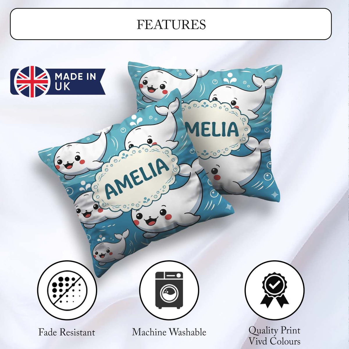 Custom Name Cute Baby Whales Ocean Waves Bubbles Marine Seamless Square Filled Cushion Throw Pillow Sofa Bed Home Decor Zip Washable UK Made