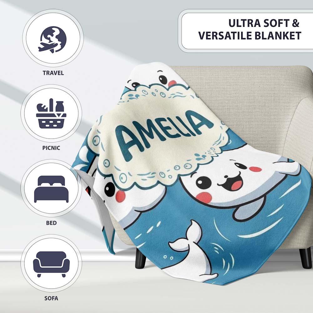 Cute Baby Whales Ocean Waves Bubbles Marine Seamless Pattern Lovely Personalised Custom Name Super Soft Fleece Blanket Bed Sofa Throw