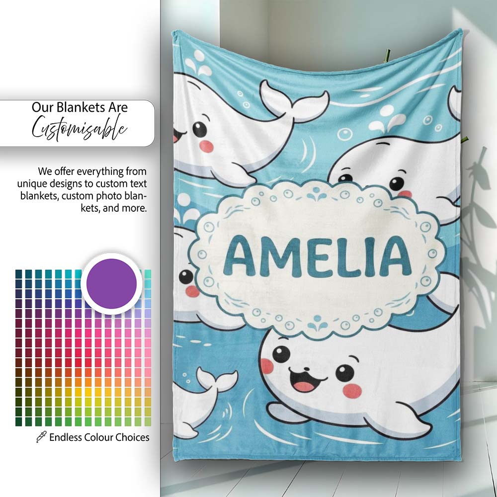 Cute Baby Whales Ocean Waves Bubbles Marine Seamless Pattern Lovely Personalised Custom Name Super Soft Fleece Blanket Bed Sofa Throw