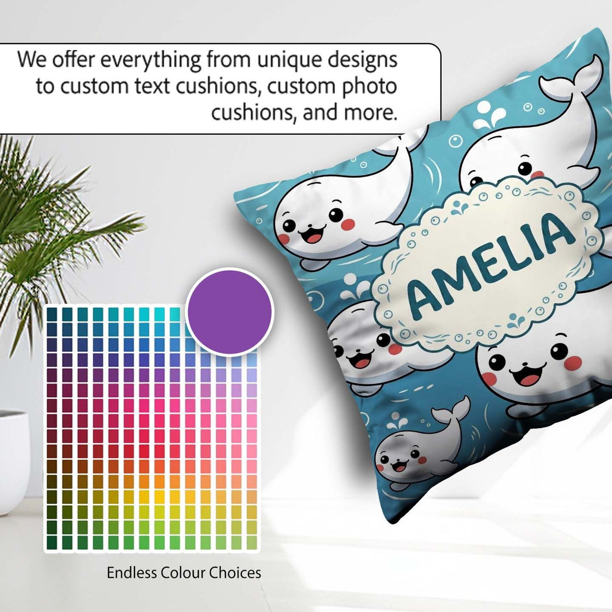 Custom Name Cute Baby Whales Ocean Waves Bubbles Marine Seamless Square Filled Cushion Throw Pillow Sofa Bed Home Decor Zip Washable UK Made