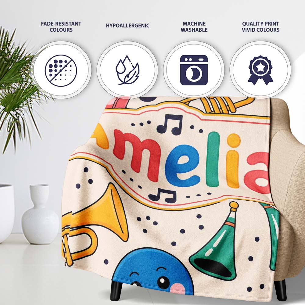 Cute Musical Instruments Notes Cartoon Fun Seamless Pattern Personalised Custom Name Super Soft Fleece Blanket Bed Sofa Throw