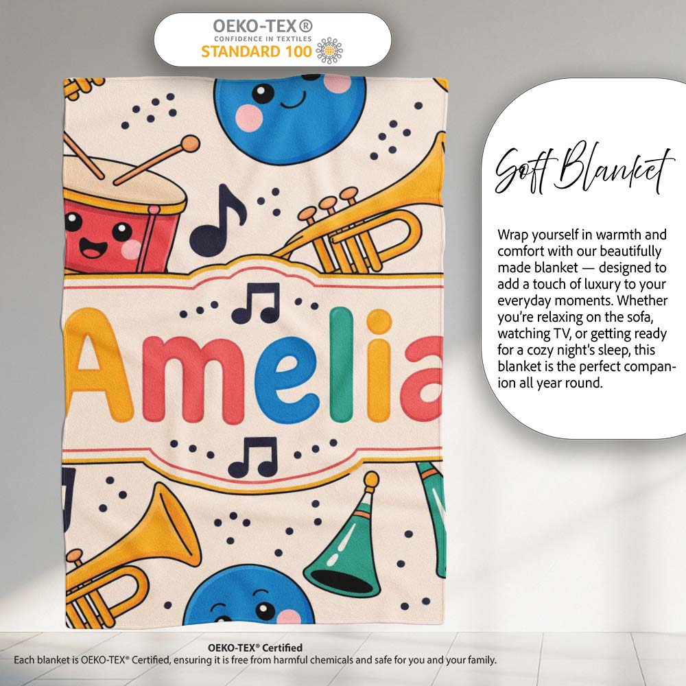 Cute Musical Instruments Notes Cartoon Fun Seamless Pattern Personalised Custom Name Super Soft Fleece Blanket Bed Sofa Throw