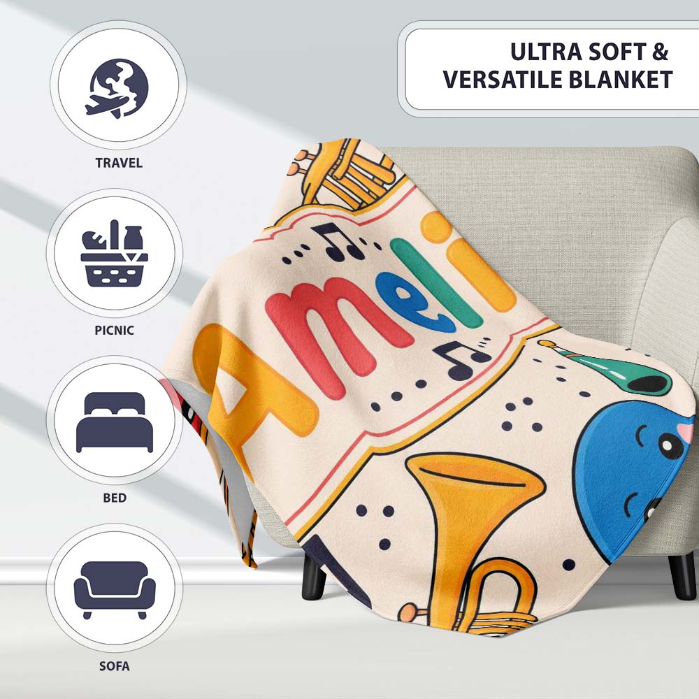 Cute Musical Instruments Notes Cartoon Fun Seamless Pattern Personalised Custom Name Super Soft Fleece Blanket Bed Sofa Throw