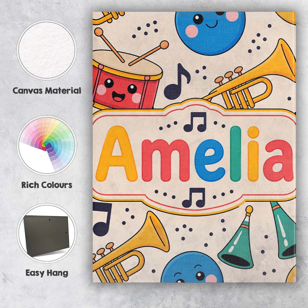 Personalised Name Cute Musical Instruments Custom Unique Gift Idea Elegant Feature Canvas Wall Art Print Decor Picture Ready to Hang