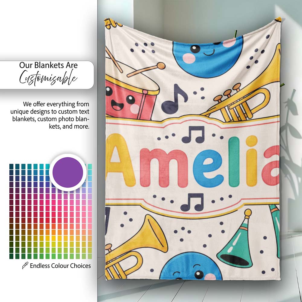 Cute Musical Instruments Notes Cartoon Fun Seamless Pattern Personalised Custom Name Super Soft Fleece Blanket Bed Sofa Throw