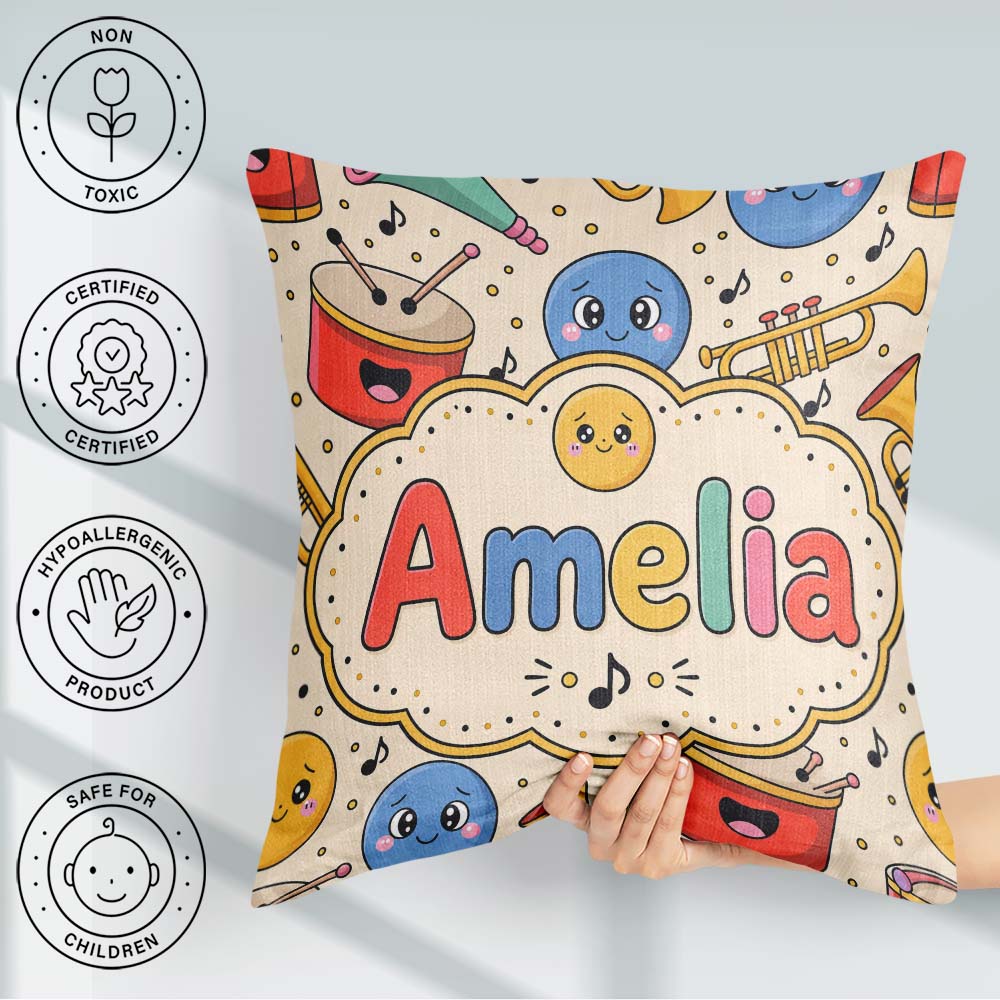 Custom Name Cute Musical Instruments Notes Cartoon Fun Seamless Square Filled Cushion Throw Pillow Sofa Bed Home Decor Zip Washable UK Made