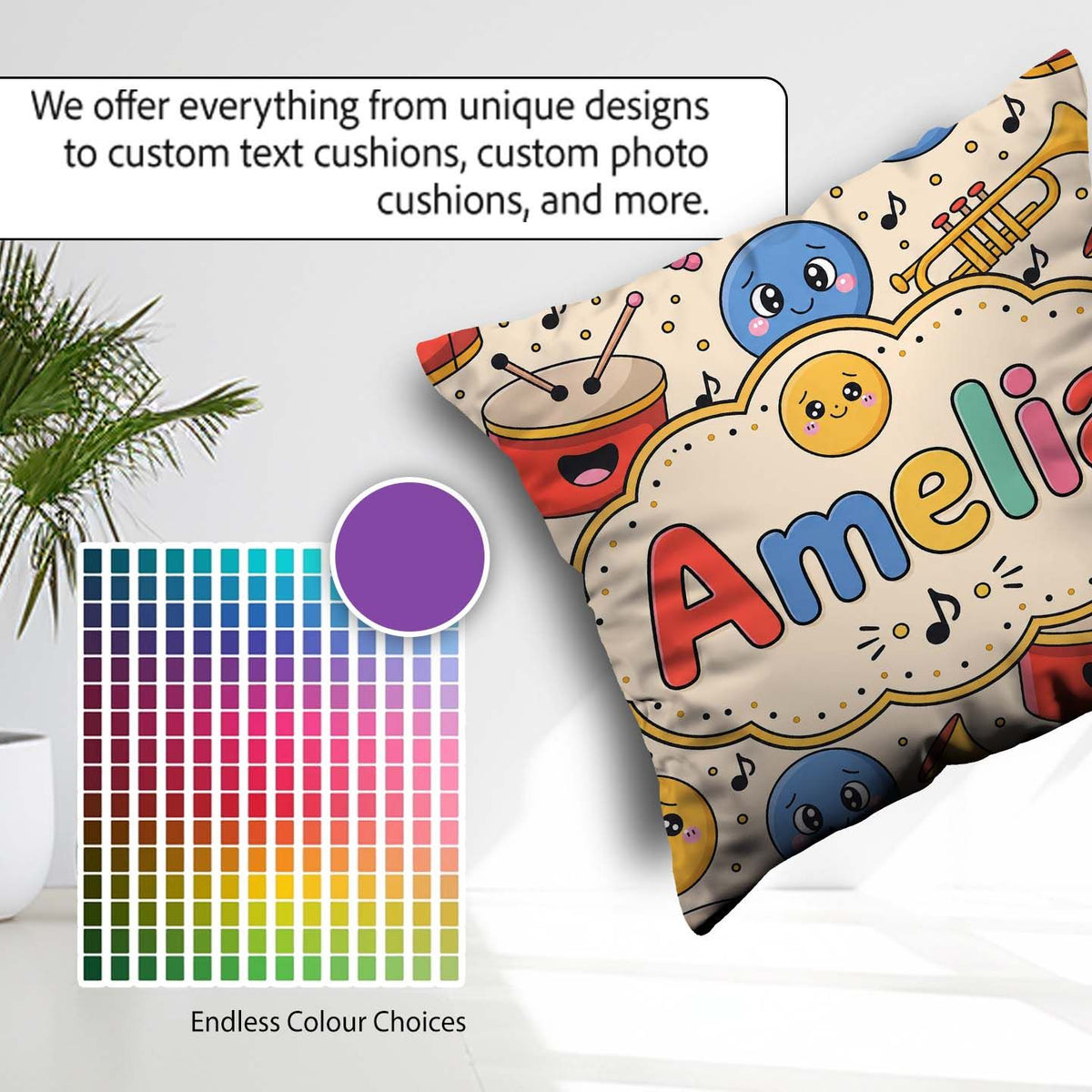 Custom Name Cute Musical Instruments Notes Cartoon Fun Seamless Square Filled Cushion Throw Pillow Sofa Bed Home Decor Zip Washable UK Made