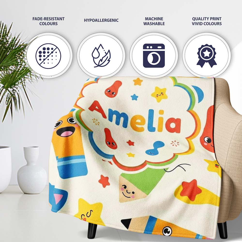 Cute School Supplies Pencils Stars Kawaii Learning Seamless Pattern Personalised Custom Name Super Soft Fleece Blanket Bed Sofa Throw