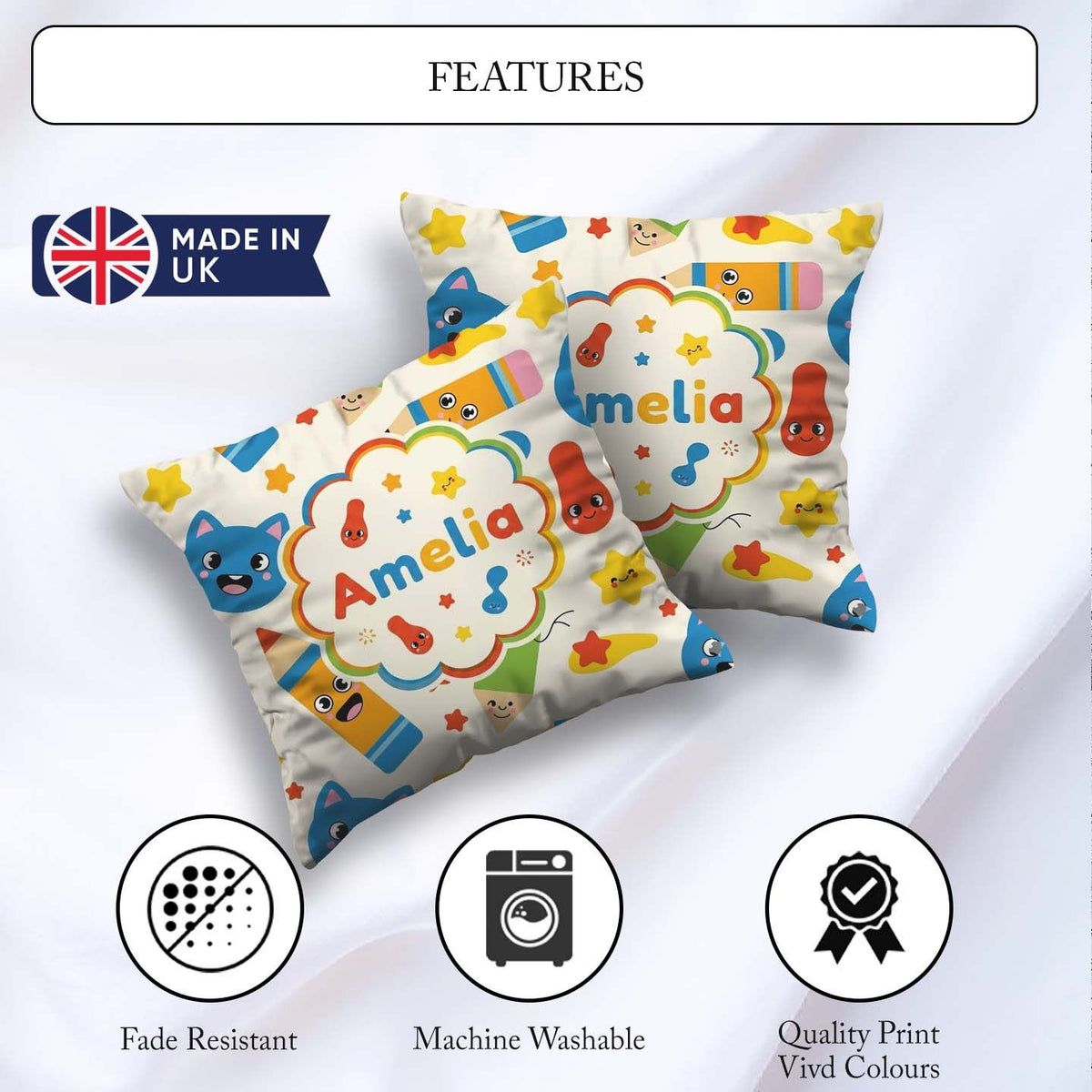 Custom Name Cute School Supplies Pencils Stars Learning Seamless Square Filled Cushion Throw Pillow Sofa Bed Home Decor Zip Washable UK Made