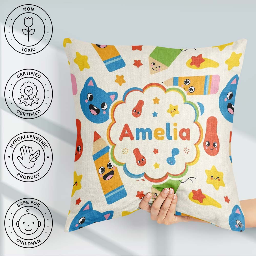 Custom Name Cute School Supplies Pencils Stars Learning Seamless Square Filled Cushion Throw Pillow Sofa Bed Home Decor Zip Washable UK Made