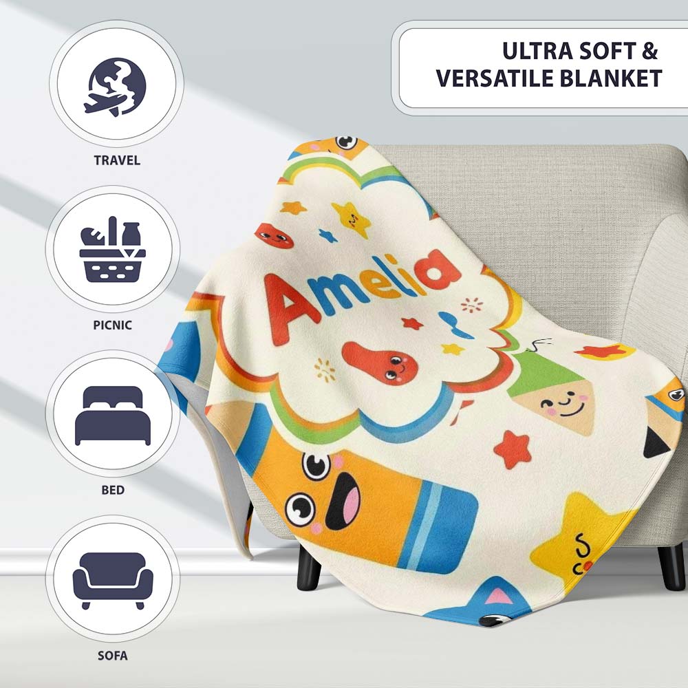 Cute School Supplies Pencils Stars Kawaii Learning Seamless Pattern Personalised Custom Name Super Soft Fleece Blanket Bed Sofa Throw