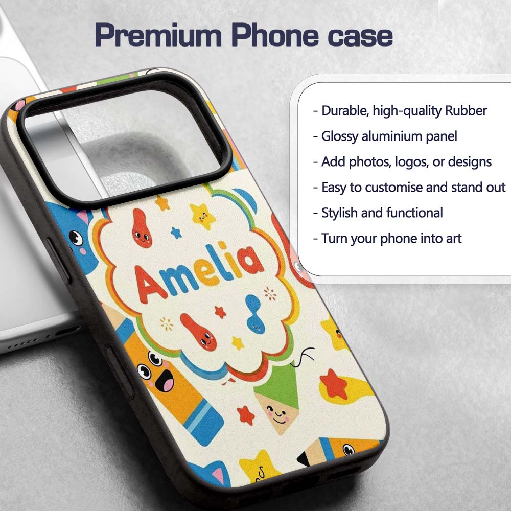 Cute School Supplies Pencils Stars Printed Design Custom Name Protective Phone Case Mobile Cover Durable Everyday Smartphone Shock Resistant