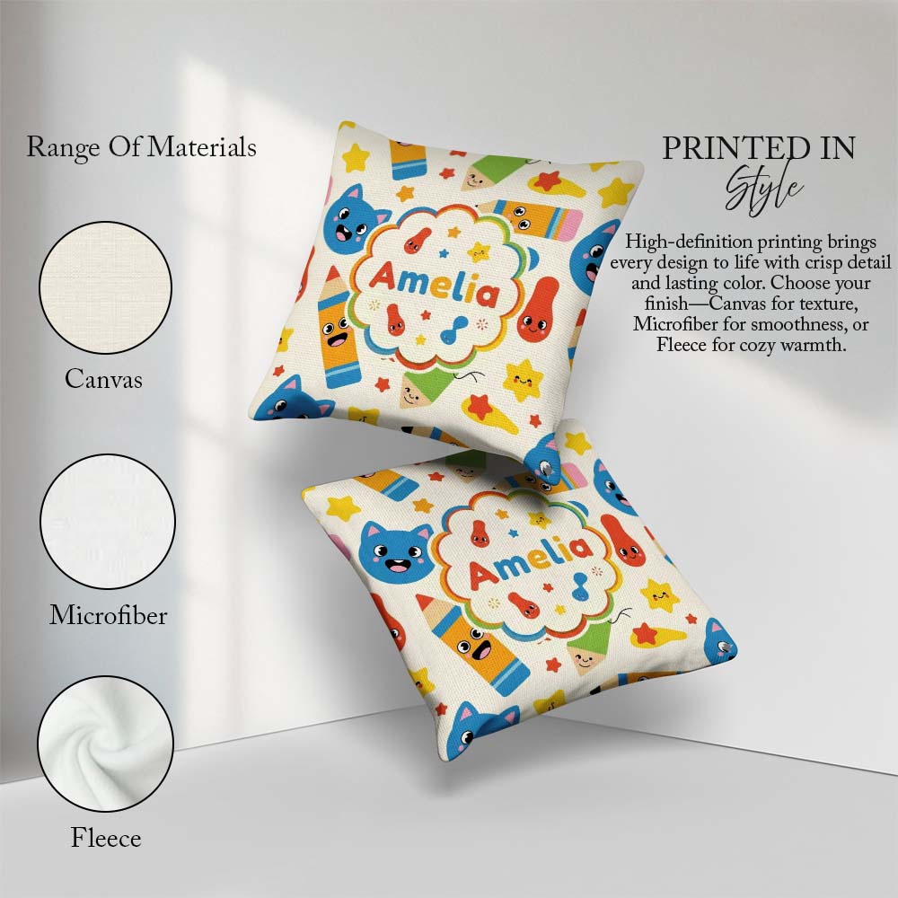 Custom Name Cute School Supplies Pencils Stars Learning Seamless Square Filled Cushion Throw Pillow Sofa Bed Home Decor Zip Washable UK Made