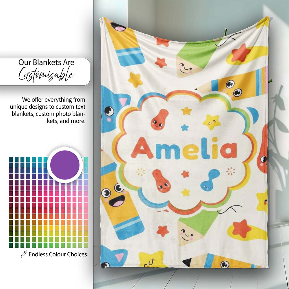 Cute School Supplies Pencils Stars Kawaii Learning Seamless Pattern Personalised Custom Name Super Soft Fleece Blanket Bed Sofa Throw