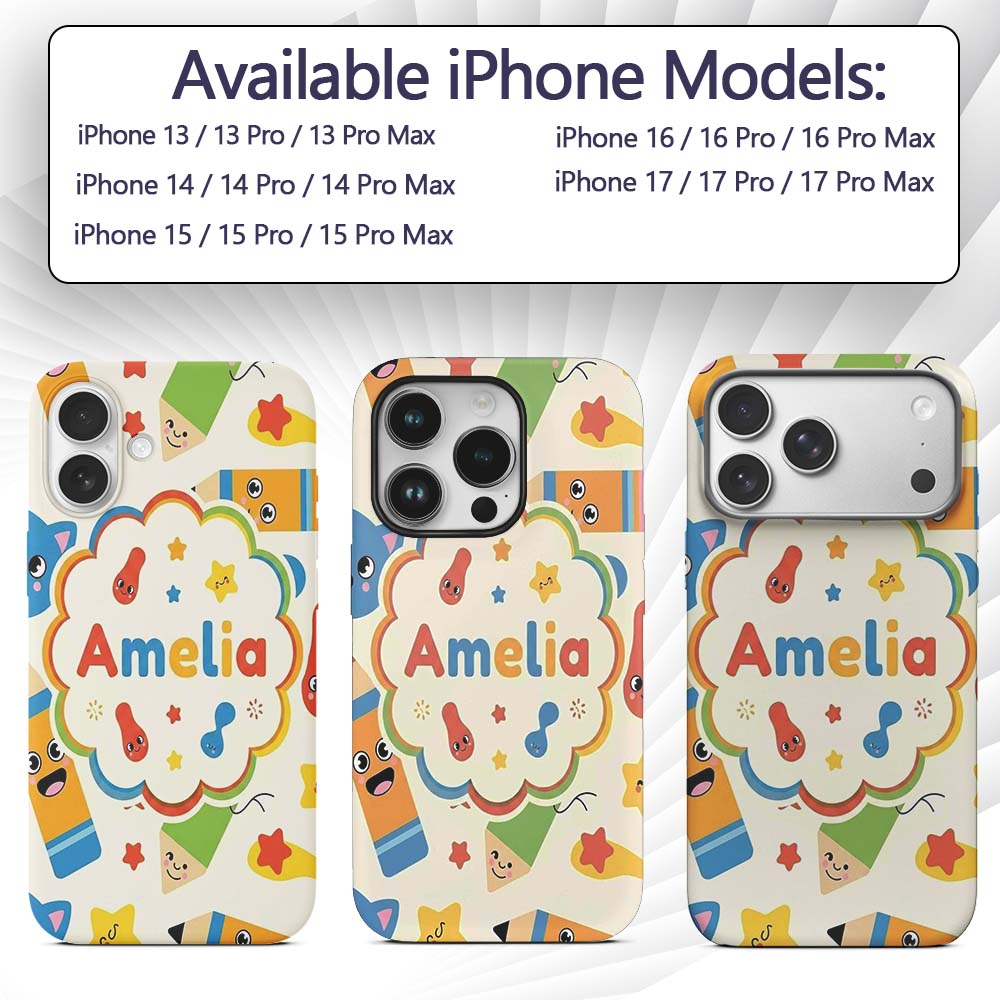 Cute School Supplies Pencils Stars Printed Design Custom Name Protective Phone Case Mobile Cover Durable Everyday Smartphone Shock Resistant