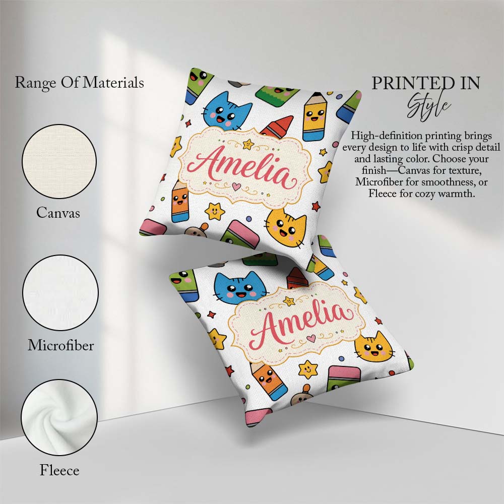 Custom Name Kawaii Cats Crayons and Pencils Fun Seamless Pattern Square Filled Cushion Throw Pillow Sofa Bed Home Decor Zip Washable UK Made