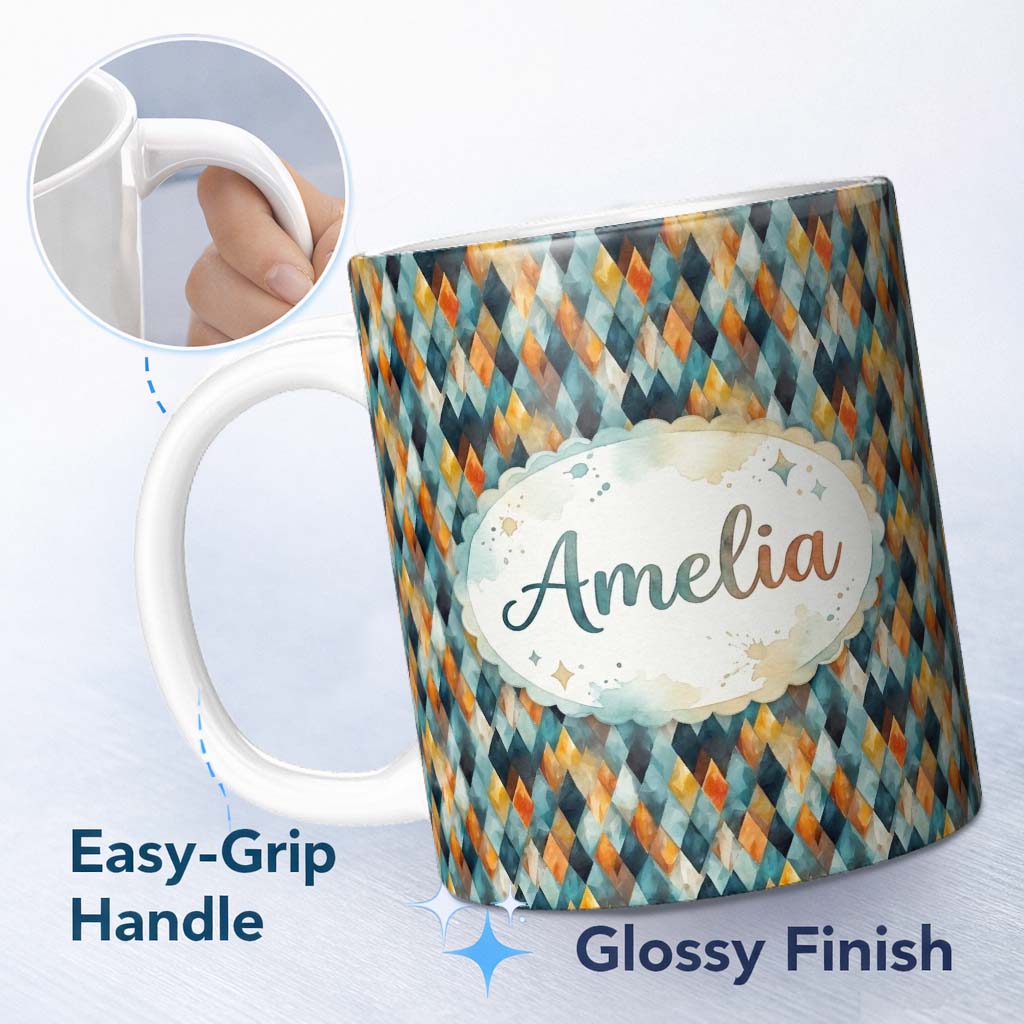 Personalized Custom Name Abstract Diamond Mosaic Seamless Pattern in Teal Orange Blue Lovely 11oz Ceramic Coffee Tea Mug White Large Handle