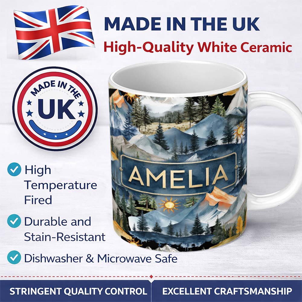 Personalized Custom Name Watercolour Mountain Landscape with Pine Trees and Sun Artistic 11oz Ceramic Coffee Tea Mug White Large Handle