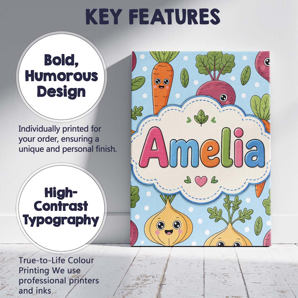 Personalised Name Cute Happy Vegetables Custom Modern Room Accent Elegant Feature Canvas Wall Art Print Decor Picture Ready to Hang