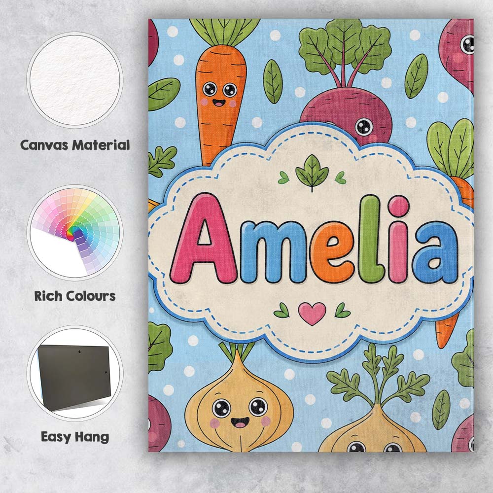 Personalised Name Cute Happy Vegetables Custom Modern Room Accent Elegant Feature Canvas Wall Art Print Decor Picture Ready to Hang