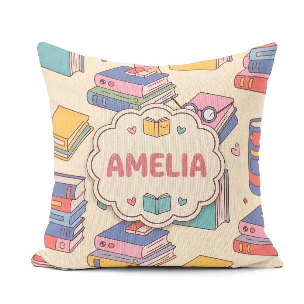 Custom Name Kawaii Books Reading Glasses Study Seamless Pattern Square Filled Cushion Throw Pillow Sofa Bed Home Decor Zip Washable UK Made