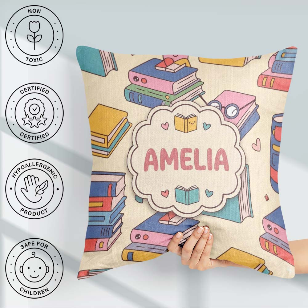 Custom Name Kawaii Books Reading Glasses Study Seamless Pattern Square Filled Cushion Throw Pillow Sofa Bed Home Decor Zip Washable UK Made