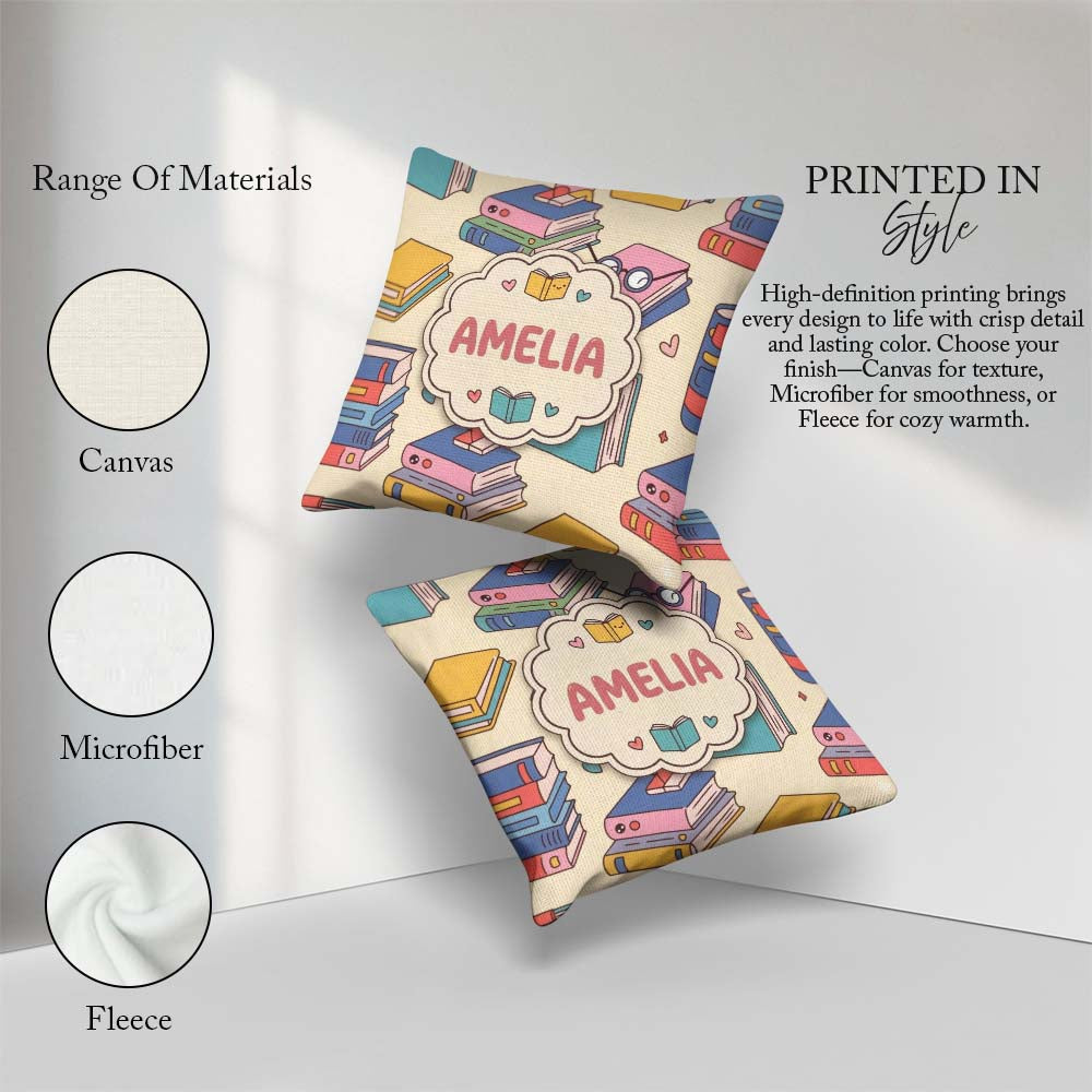 Custom Name Kawaii Books Reading Glasses Study Seamless Pattern Square Filled Cushion Throw Pillow Sofa Bed Home Decor Zip Washable UK Made
