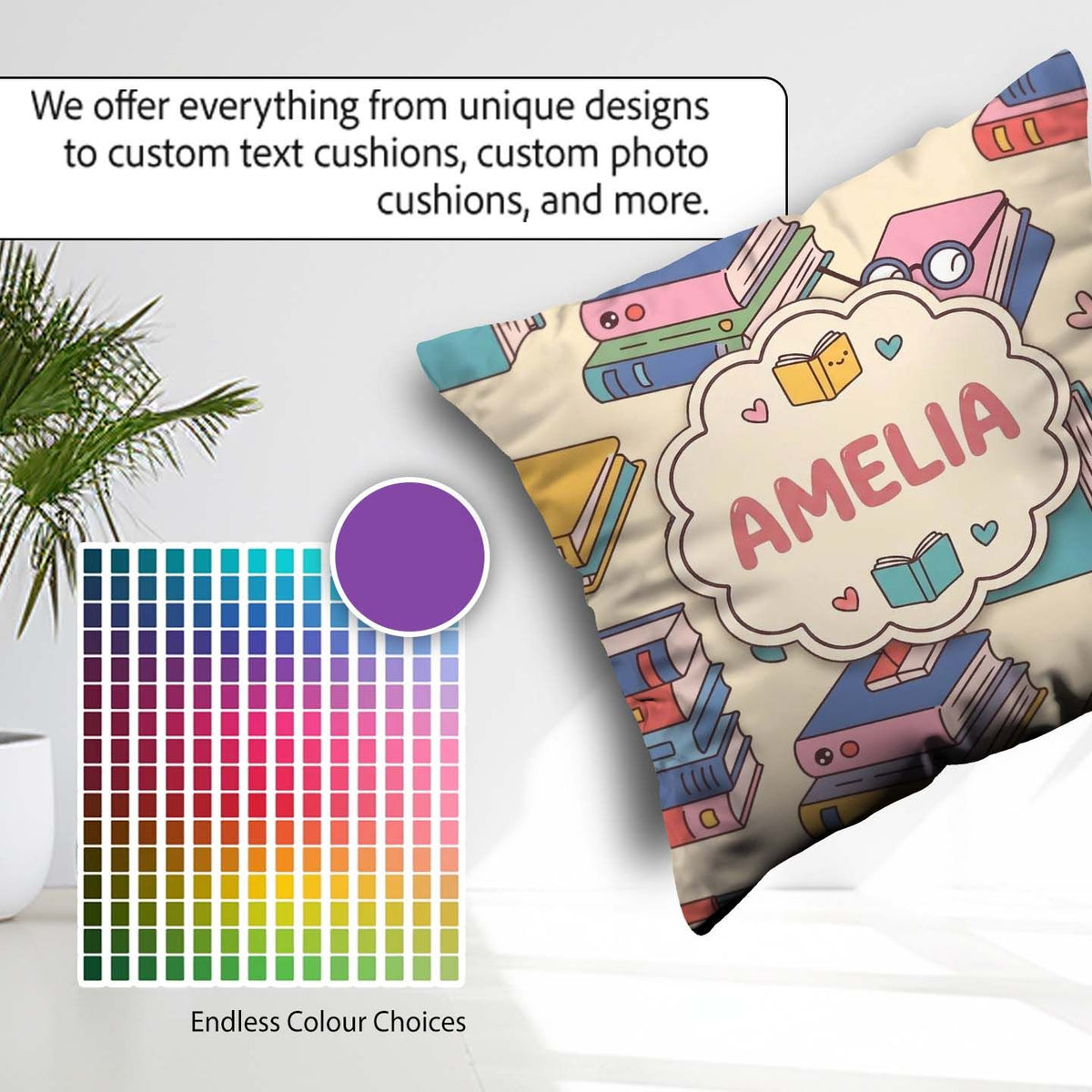Custom Name Kawaii Books Reading Glasses Study Seamless Pattern Square Filled Cushion Throw Pillow Sofa Bed Home Decor Zip Washable UK Made