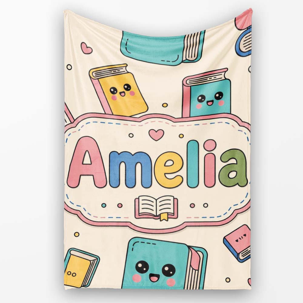 Cute Kawaii Books and Study Elements Learning Seamless Pattern Personalised Custom Name Super Soft Fleece Blanket Bed Sofa Throw
