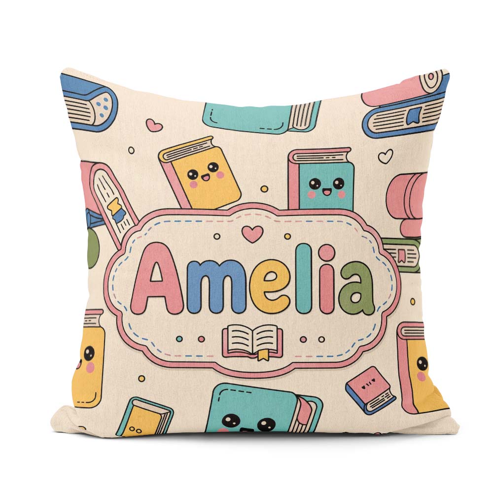 Custom Name Kawaii Books and Elements Learning Seamless Pattern Square Filled Cushion Throw Pillow Sofa Bed Home Decor Zip Washable UK Made