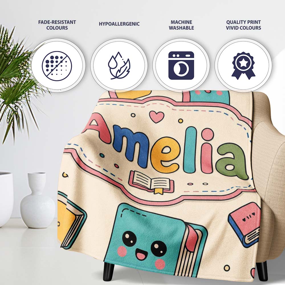 Cute Kawaii Books and Study Elements Learning Seamless Pattern Personalised Custom Name Super Soft Fleece Blanket Bed Sofa Throw