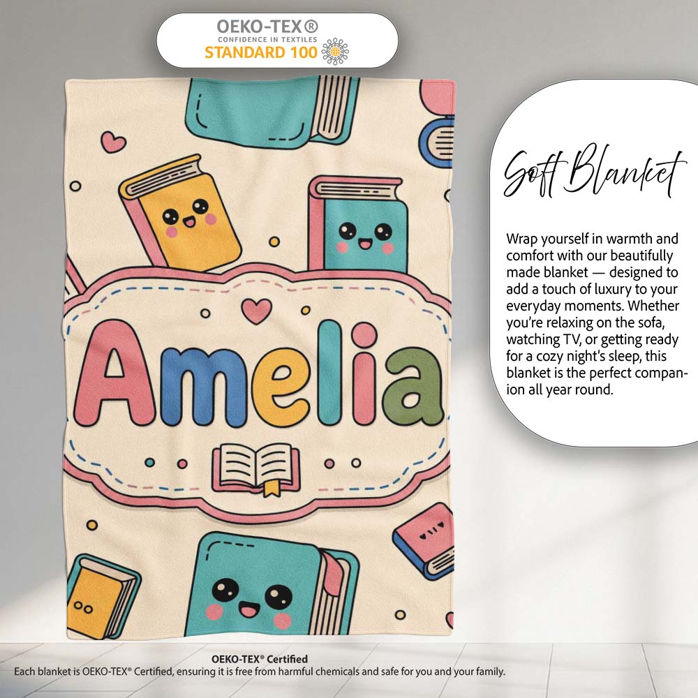Cute Kawaii Books and Study Elements Learning Seamless Pattern Personalised Custom Name Super Soft Fleece Blanket Bed Sofa Throw