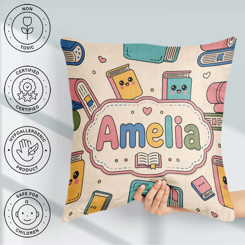Custom Name Kawaii Books and Elements Learning Seamless Pattern Square Filled Cushion Throw Pillow Sofa Bed Home Decor Zip Washable UK Made