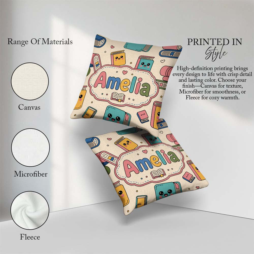 Custom Name Kawaii Books and Elements Learning Seamless Pattern Square Filled Cushion Throw Pillow Sofa Bed Home Decor Zip Washable UK Made