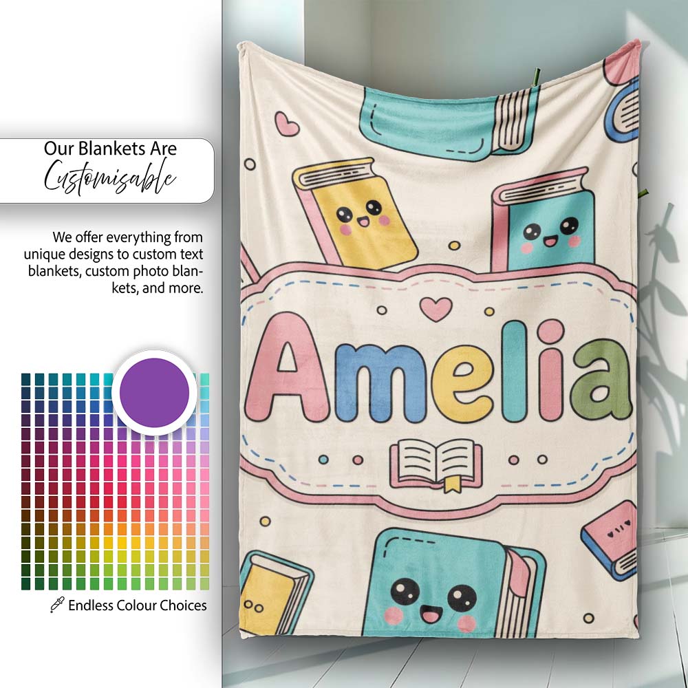 Cute Kawaii Books and Study Elements Learning Seamless Pattern Personalised Custom Name Super Soft Fleece Blanket Bed Sofa Throw