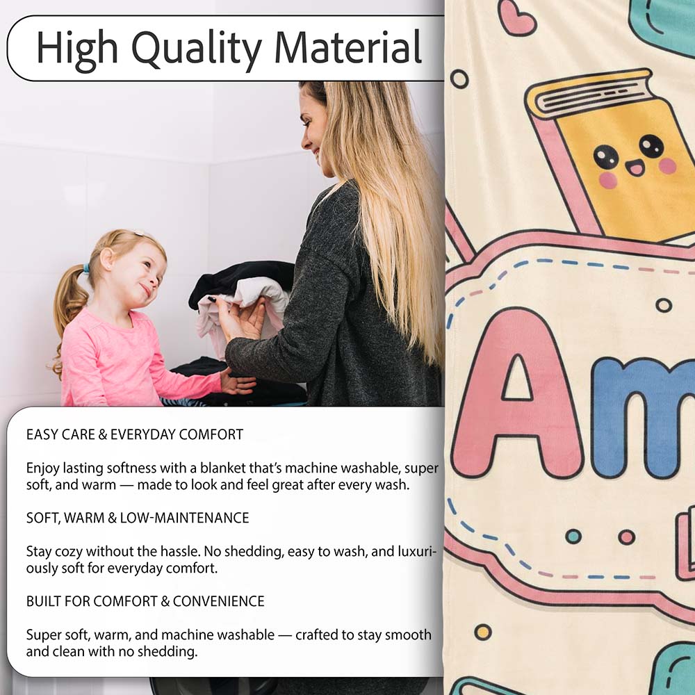 Cute Kawaii Books and Study Elements Learning Seamless Pattern Personalised Custom Name Super Soft Fleece Blanket Bed Sofa Throw