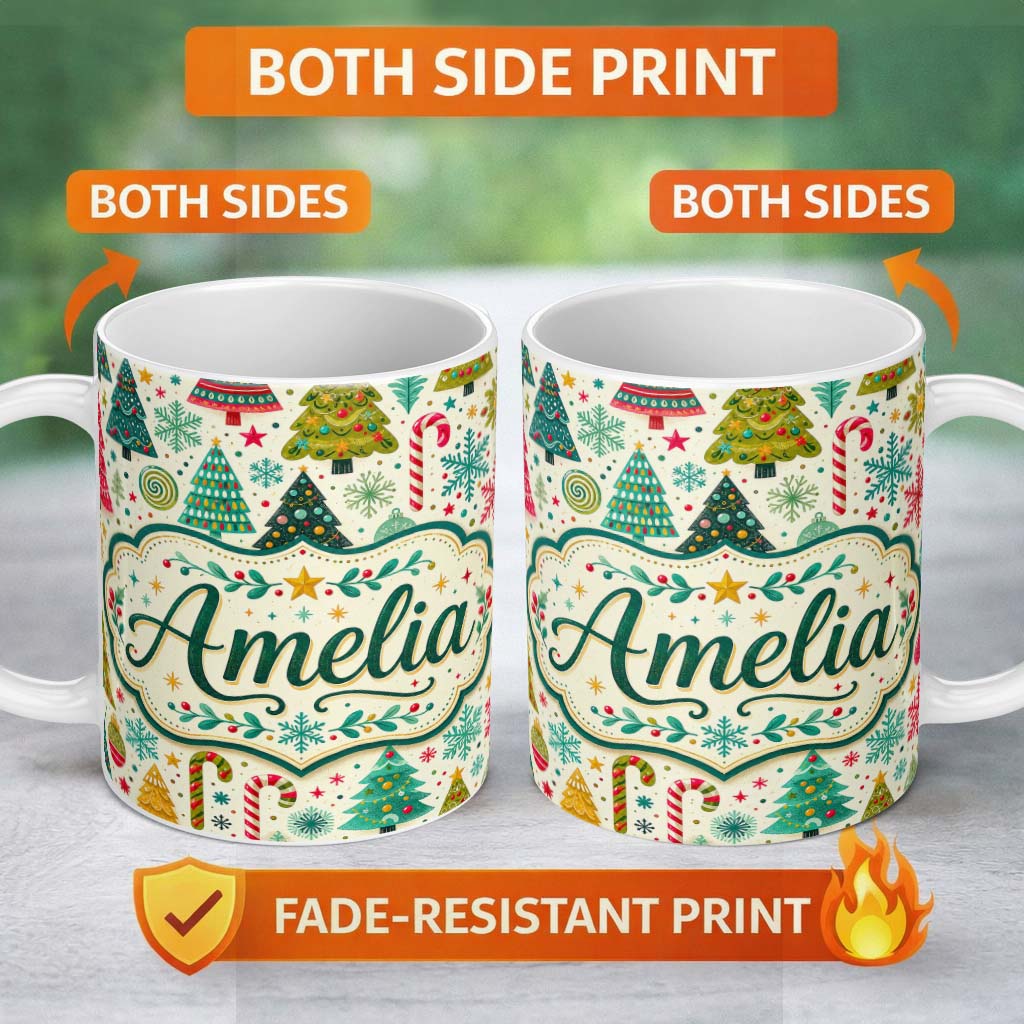 Personalized Custom Name Festive Christmas Trees Candy Canes Snowflakes Stars Baubles Holiday 11oz Ceramic Coffee Tea Mug White Large Handle
