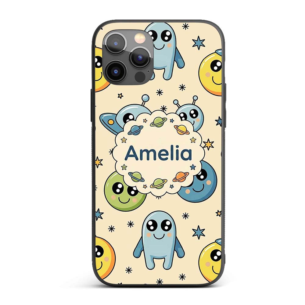 Cute Space Aliens Planets Stars Printed Design Custom Name Protective Phone Case Mobile Cover Durable Everyday Smartphone Shock Resistant