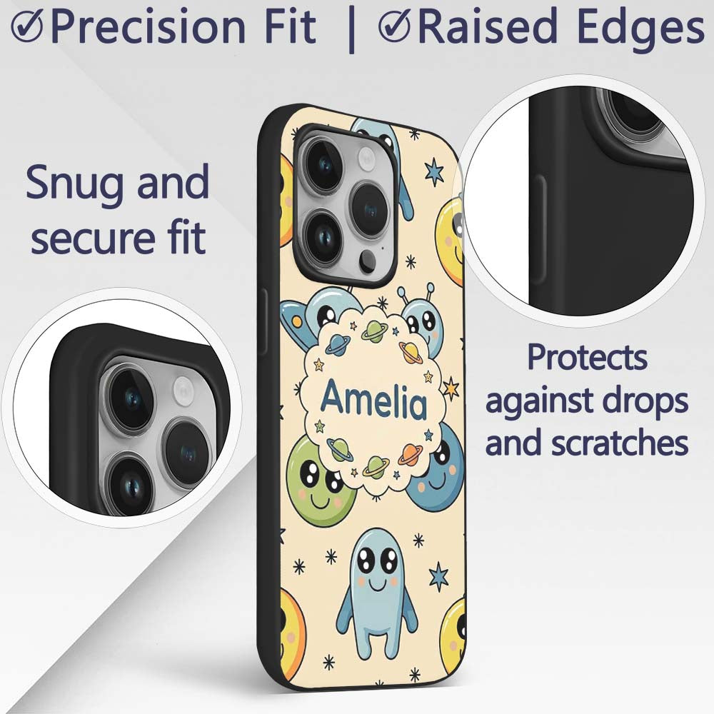 Cute Space Aliens Planets Stars Printed Design Custom Name Protective Phone Case Mobile Cover Durable Everyday Smartphone Shock Resistant